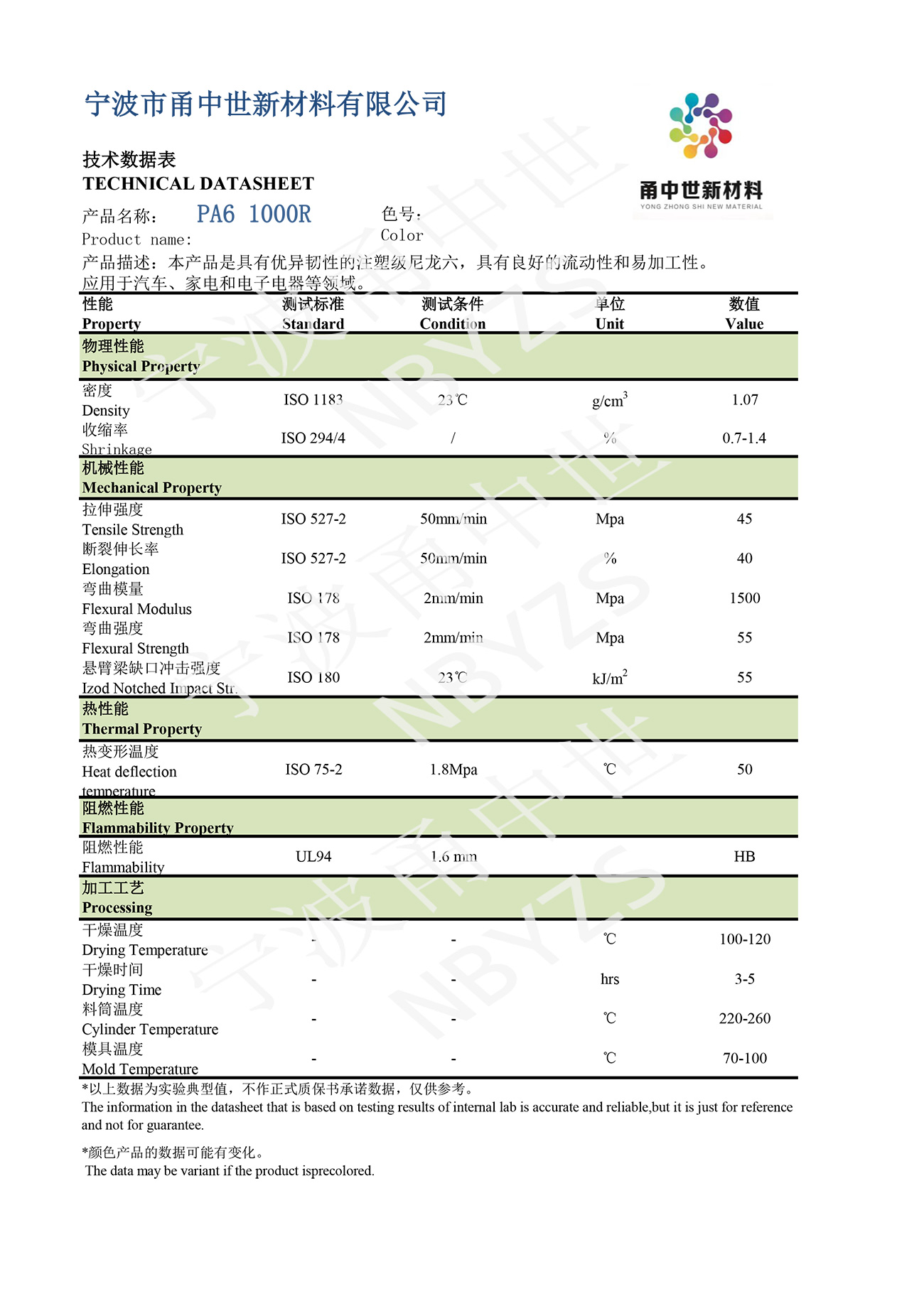 PA6 1000R技術(shù)數(shù)據(jù)表