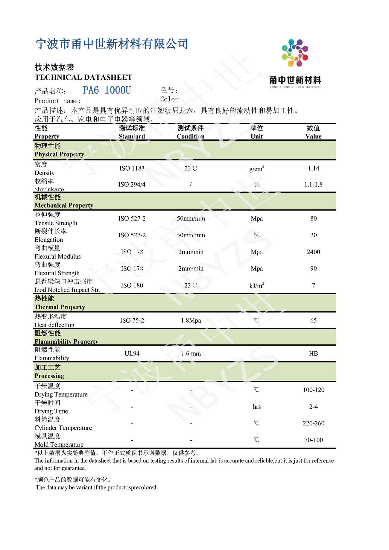 PA6 1000U技術(shù)數(shù)據(jù)表